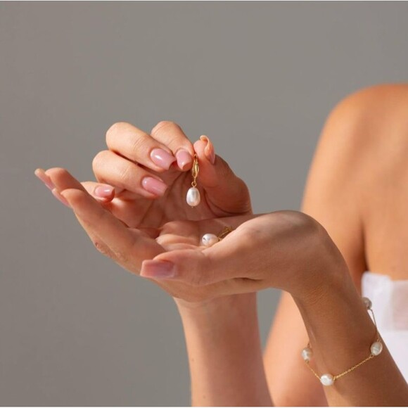 Pearl Dangle Earrings 14K Gold Plated Pearl Drop Hoop Dainty CZ Earrings Gift - Picture 4 of 5